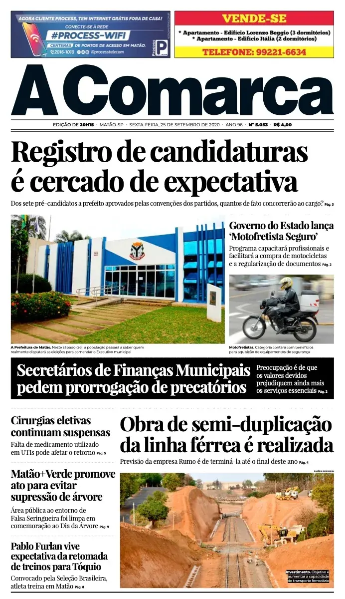 Primeira página da edição 5053 de A Comarca, 25 de setembro de 2020