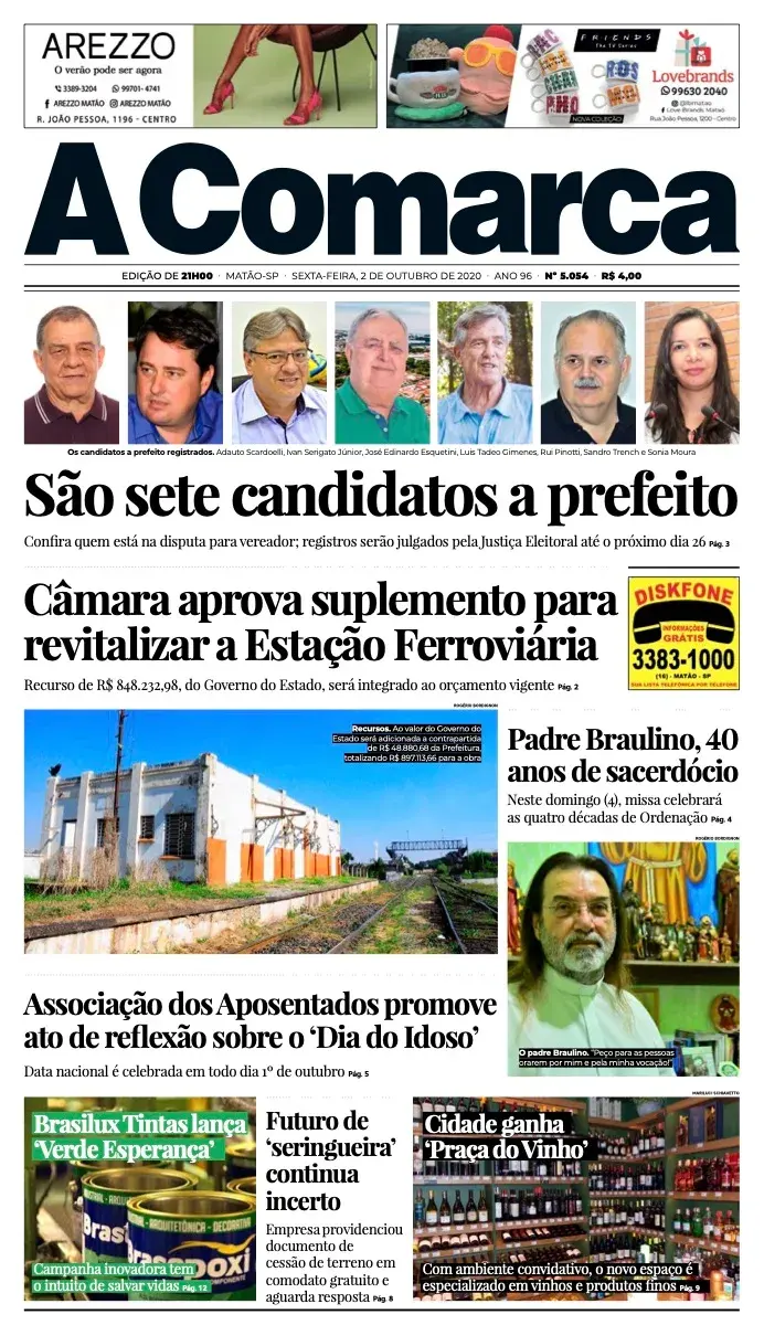 Primeira página da edição 5054 de A Comarca, 2 de outubro de 2020