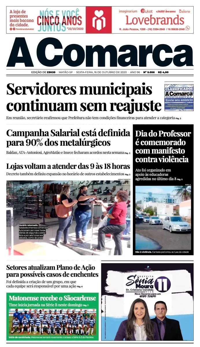 Primeira página da edição 5056 de A Comarca, 16 de outubro de 2020