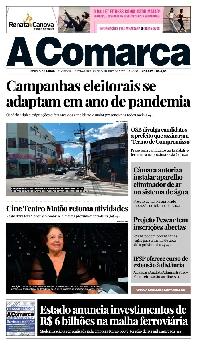 Primeira página da edição 5057 de A Comarca, 23 de outubro de 2020