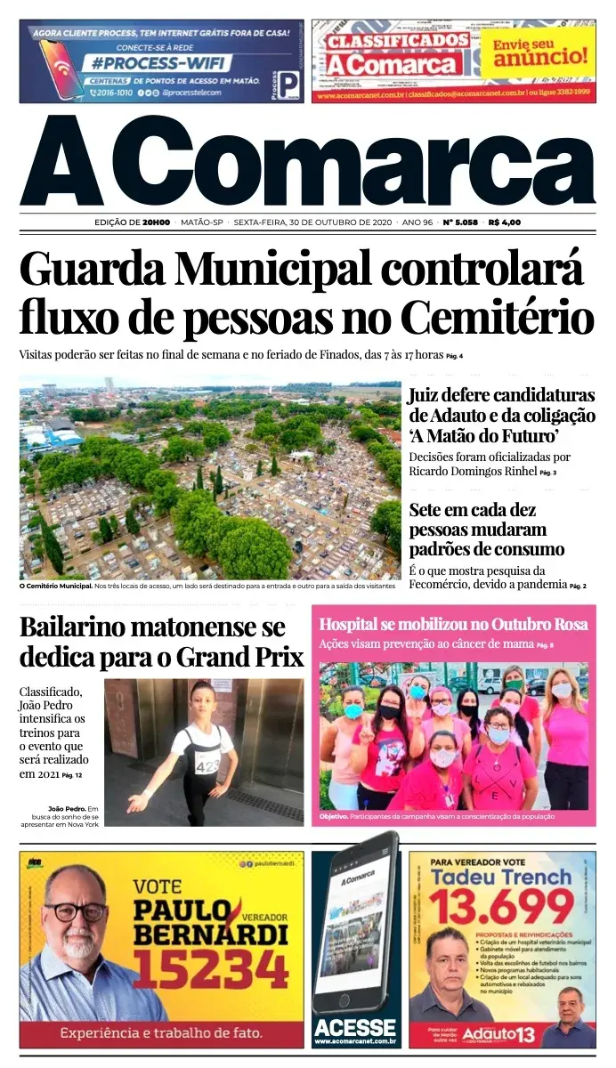 Primeira página da edição 5058 de A Comarca, 30 de outubro de 2020