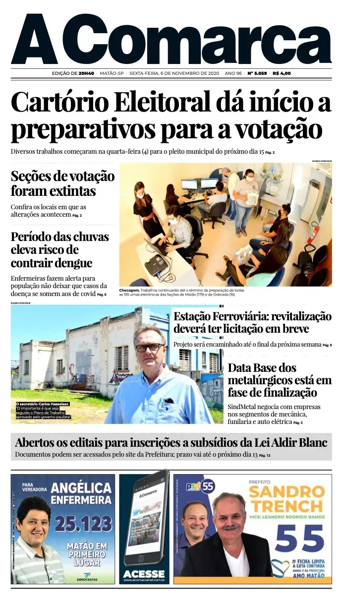 Primeira página da edição 5059 de A Comarca, 6 de novembro de 2020