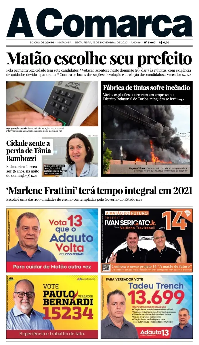 Primeira página da edição 5060 de A Comarca, 13 de novembro de 2020