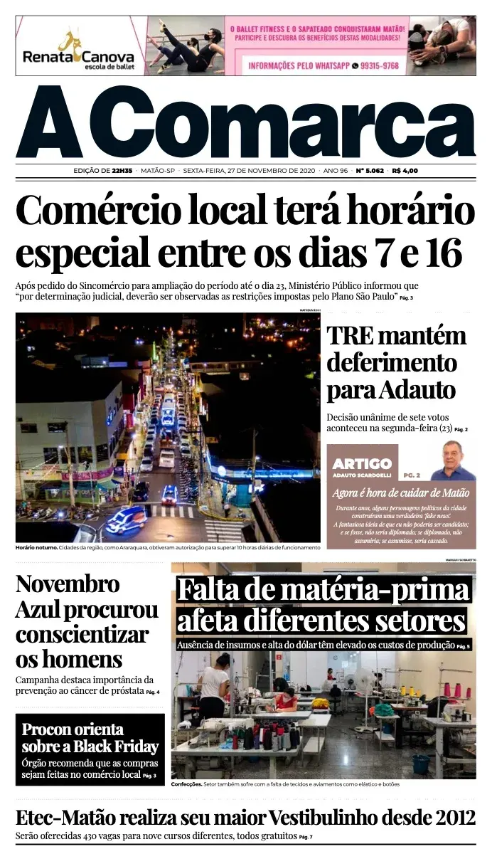 Primeira página da edição 5062 de A Comarca, 27 de novembro de 2020