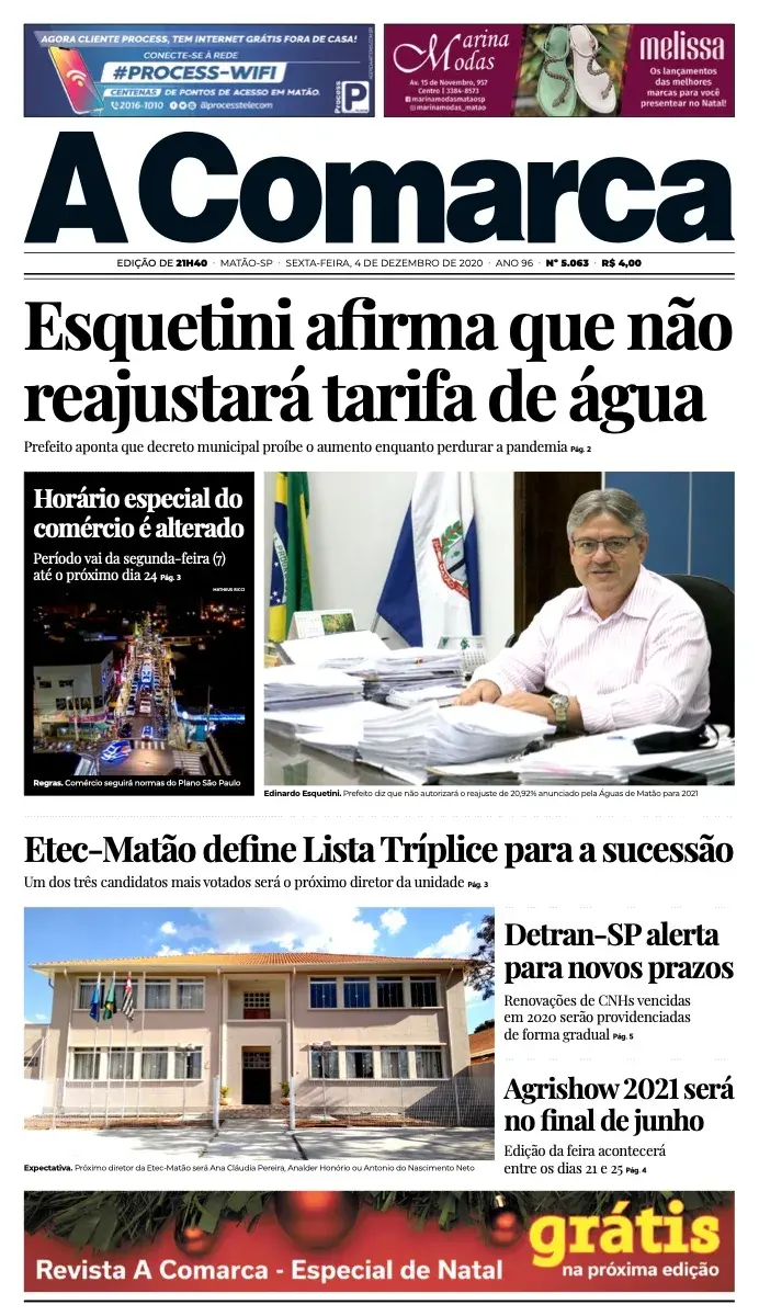 Primeira página da edição 5063 de A Comarca, 4 de dezembro de 2020