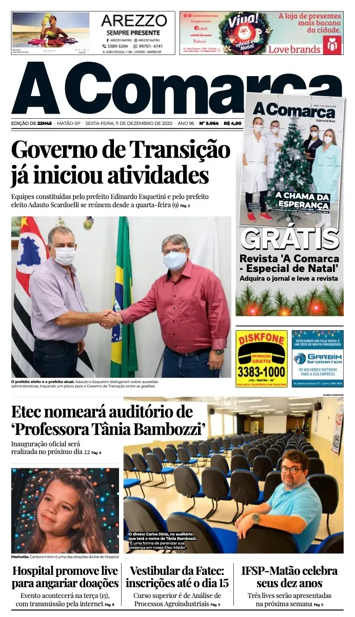 Primeira página da edição 5064 de A Comarca, 11 de dezembro de 2020