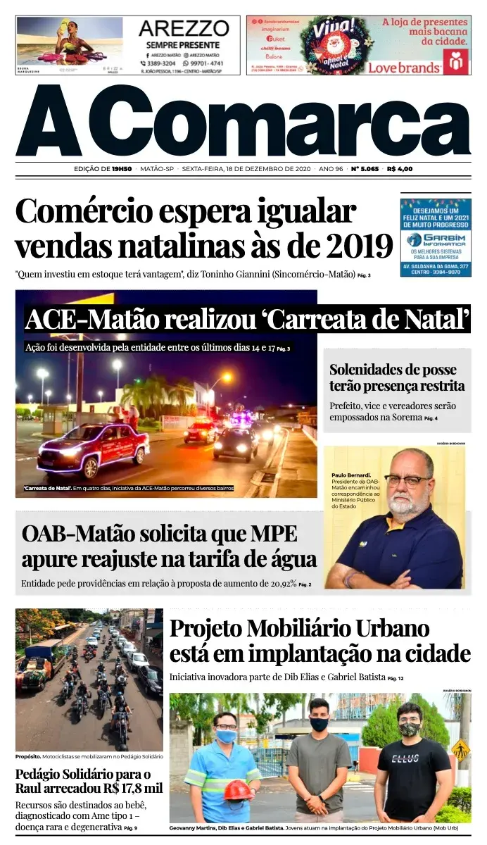 Primeira página da edição 5065 de A Comarca, 18 de dezembro de 2020