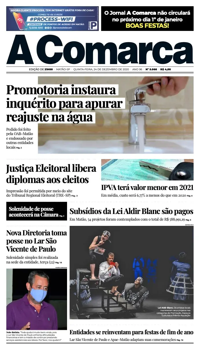 Primeira página da edição 5066 de A Comarca, 24 de dezembro de 2020