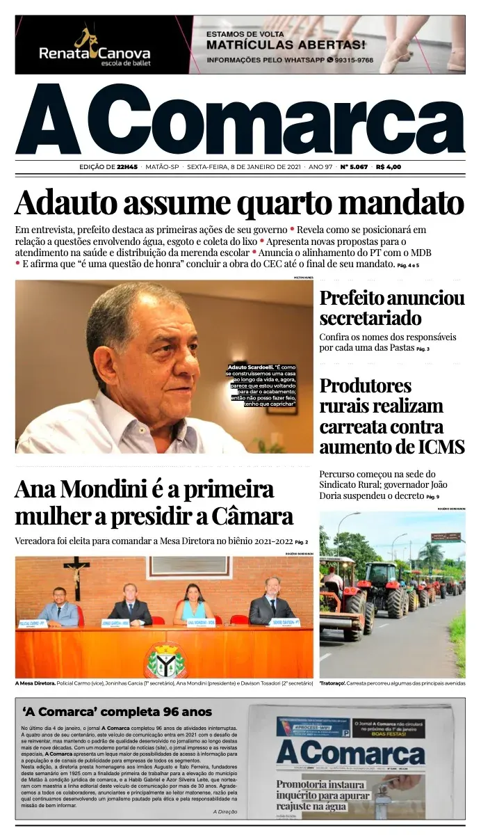 Primeira página da edição 5067 de A Comarca, 8 de janeiro de 2021