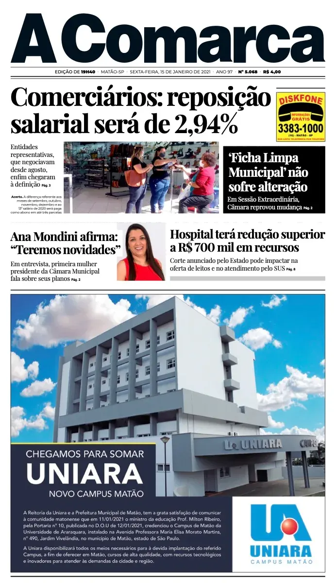 Primeira página da edição 5068 de A Comarca, 15 de janeiro de 2021