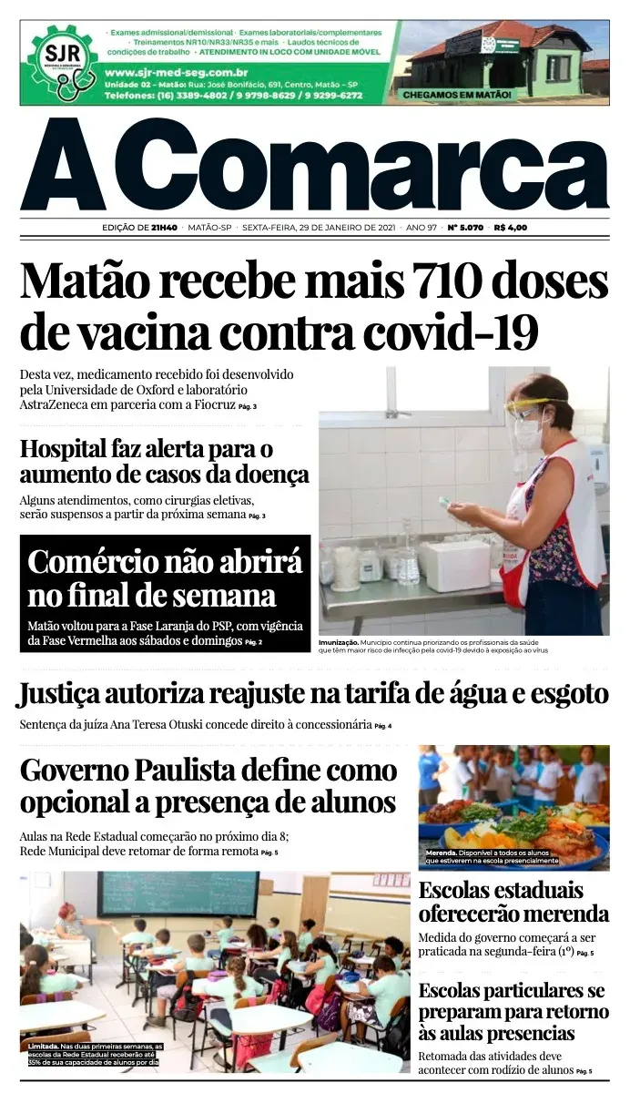 Primeira página da edição 5070 de A Comarca, 29 de janeiro de 2021