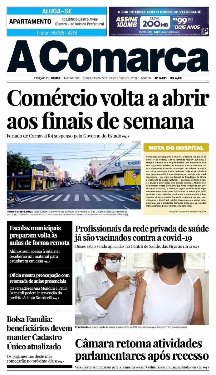 Primeira página da edição 5071 de A Comarca, 5 de fevereiro de 2021