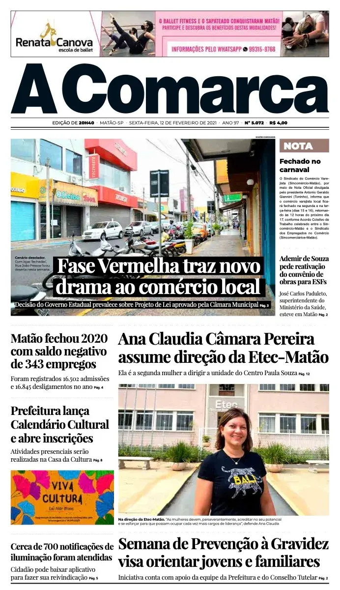 Primeira página da edição 5072 de A Comarca, 12 de fevereiro de 2021