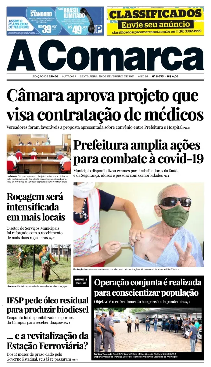 Primeira página da edição 5073 de A Comarca, 19 de fevereiro de 2021