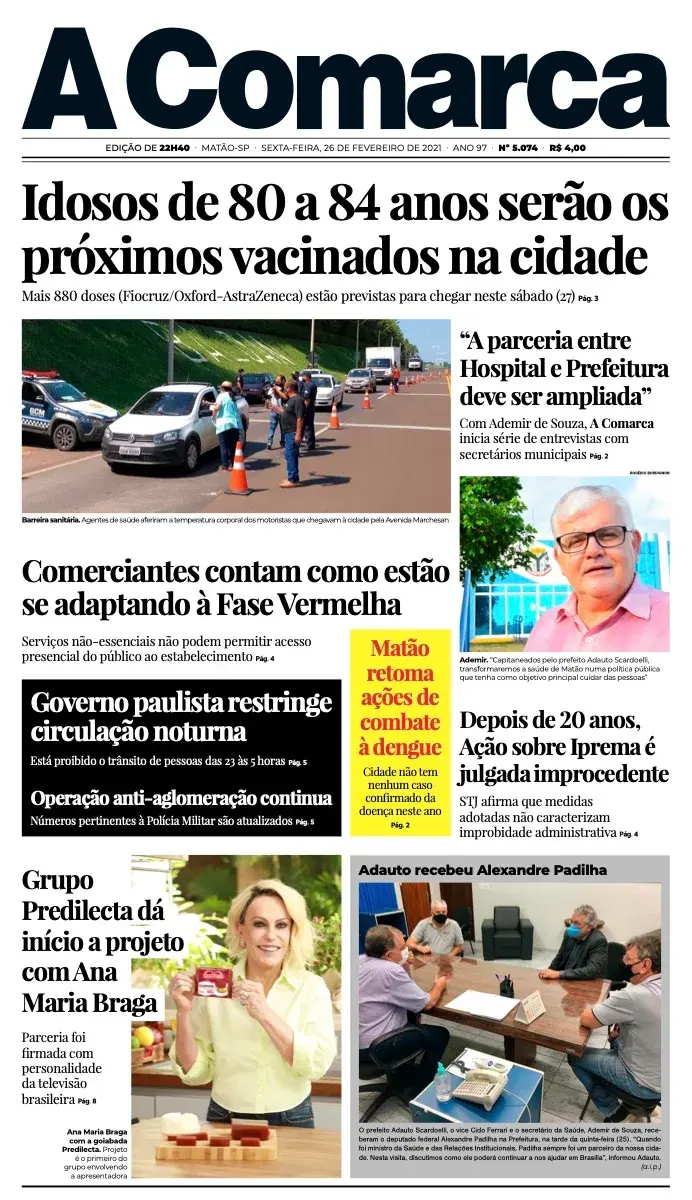 Primeira página da edição 5074 de A Comarca, 26 de fevereiro de 2021