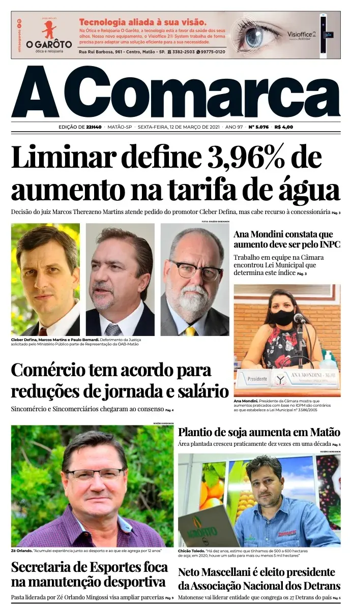 Primeira página da edição 5076 de A Comarca, 12 de março de 2021