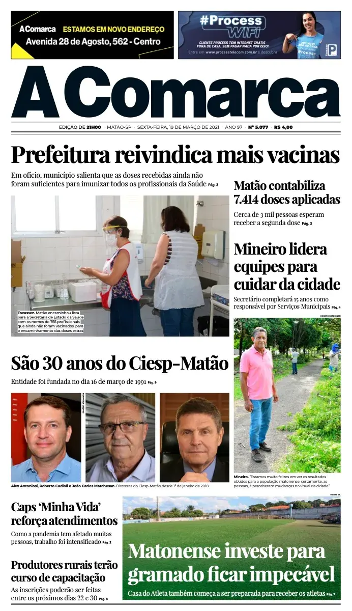 Primeira página da edição 5077 de A Comarca, 19 de março de 2021