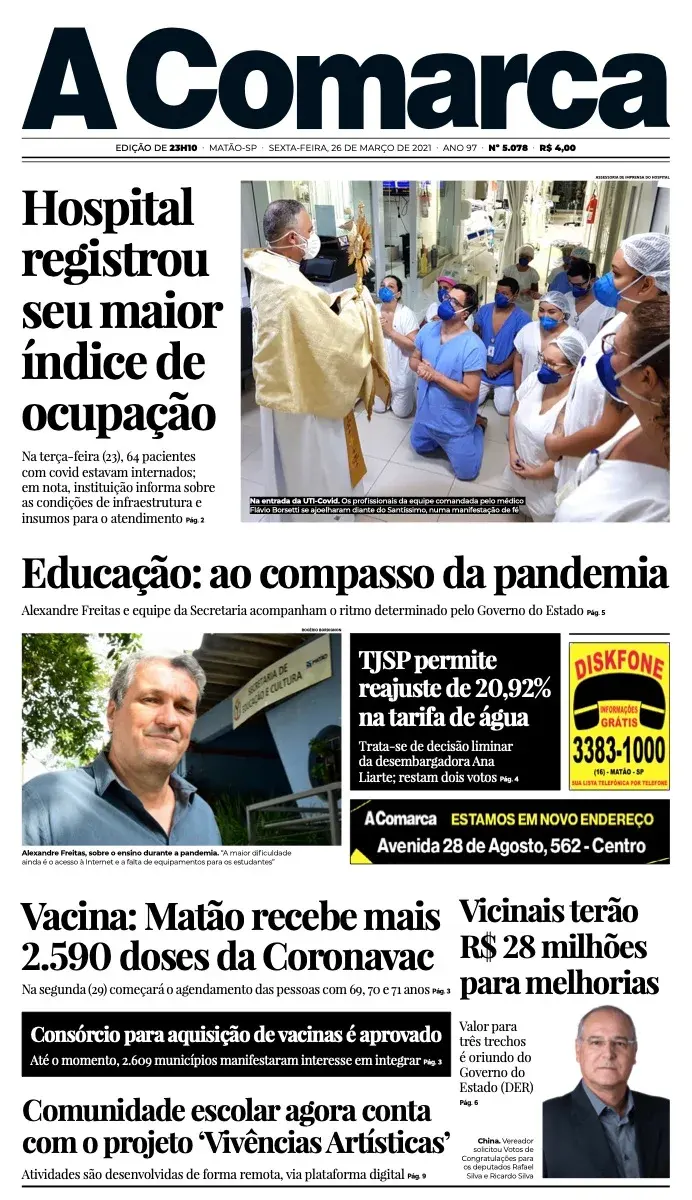 Primeira página da edição 5078 de A Comarca, 26 de março de 2021