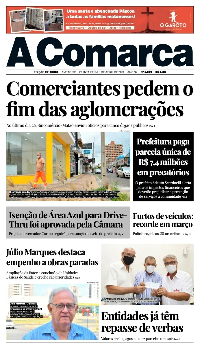 Primeira página da edição 5079 de A Comarca, 1 de abril de 2021