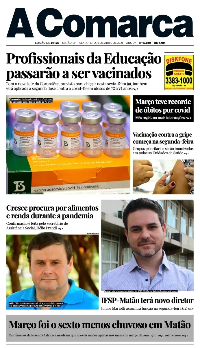 Primeira página da edição 5080 de A Comarca, 9 de abril de 2021