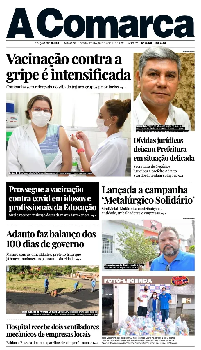 Primeira página da edição 5081 de A Comarca, 16 de abril de 2021