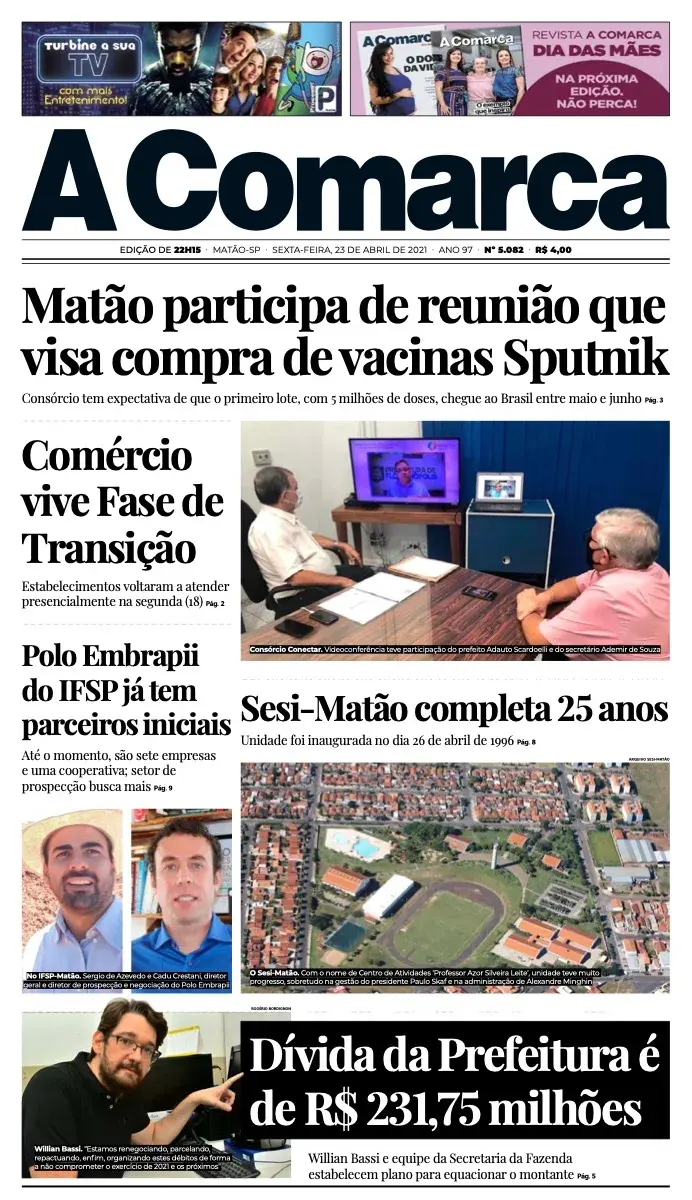 Primeira página da edição 5082 de A Comarca, 23 de abril de 2021