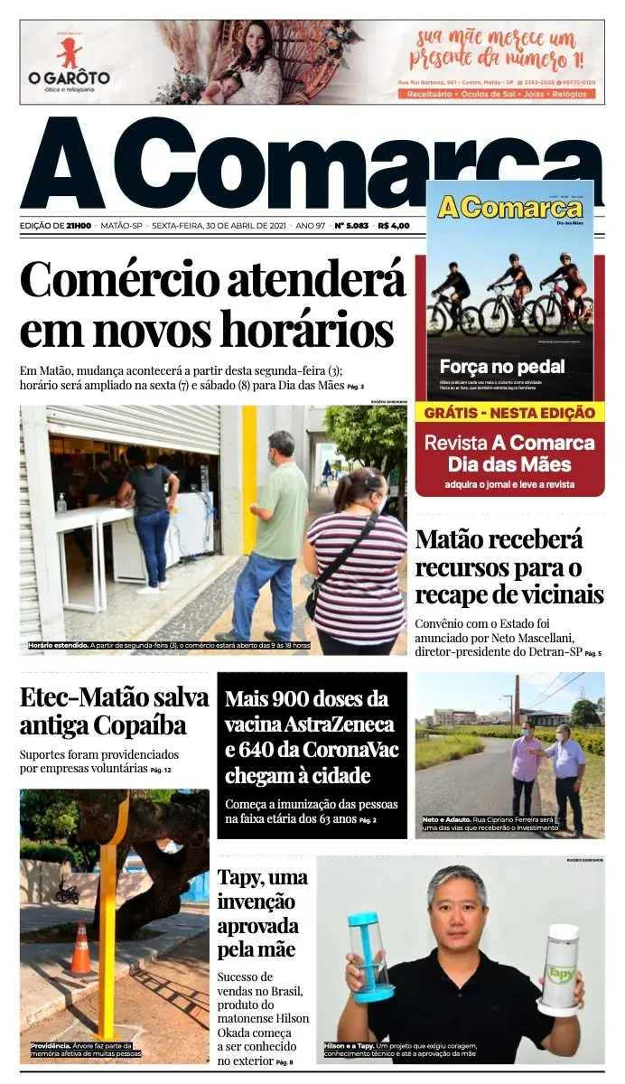 Primeira página da edição 5083 de A Comarca, 30 de abril de 2021