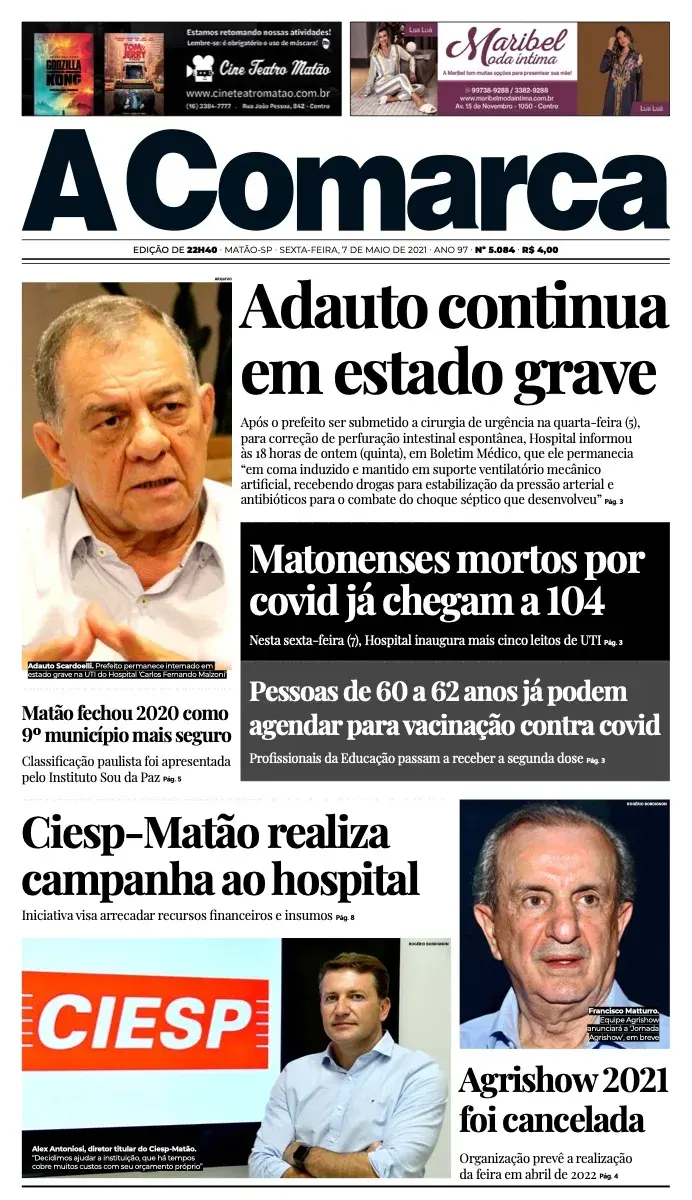 Primeira página da edição 5084 de A Comarca, 7 de maio de 2021