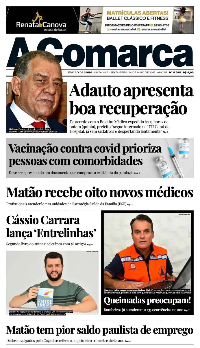 Primeira página da edição 5085 de A Comarca, 14 de maio de 2021