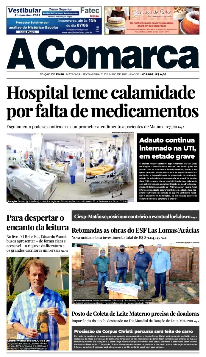 Primeira página da edição 5086 de A Comarca, 21 de maio de 2021