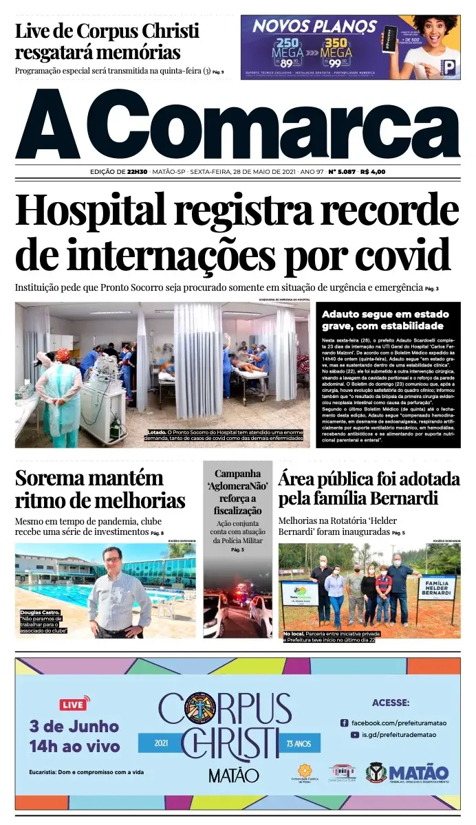 Primeira página da edição 5087 de A Comarca, 28 de maio de 2021