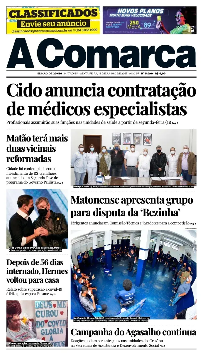 Primeira página da edição 5090 de A Comarca, 18 de junho de 2021