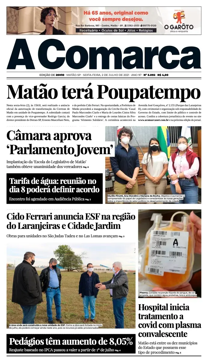 Primeira página da edição 5092 de A Comarca, 2 de julho de 2021