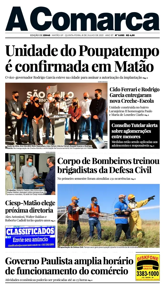 Primeira página da edição 5093 de A Comarca, 8 de julho de 2021
