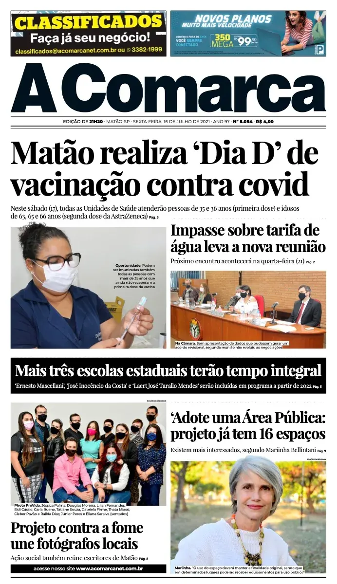 Primeira página da edição 5094 de A Comarca, 16 de julho de 2021