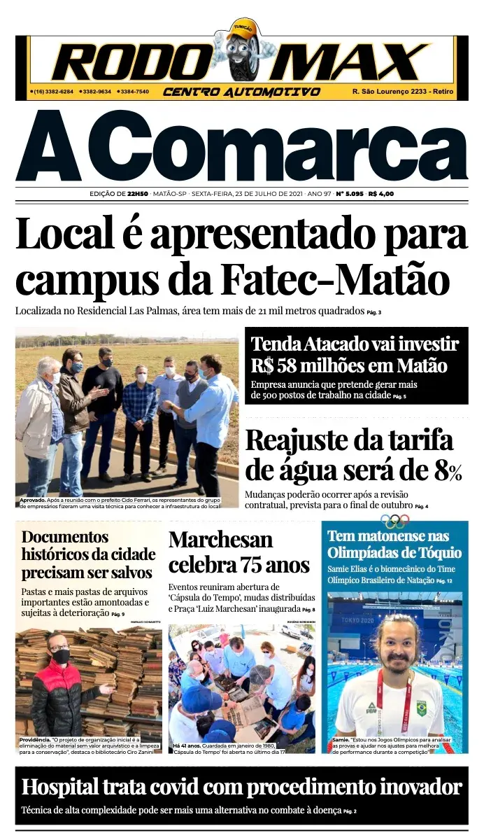 Primeira página da edição 5095 de A Comarca, 23 de julho de 2021
