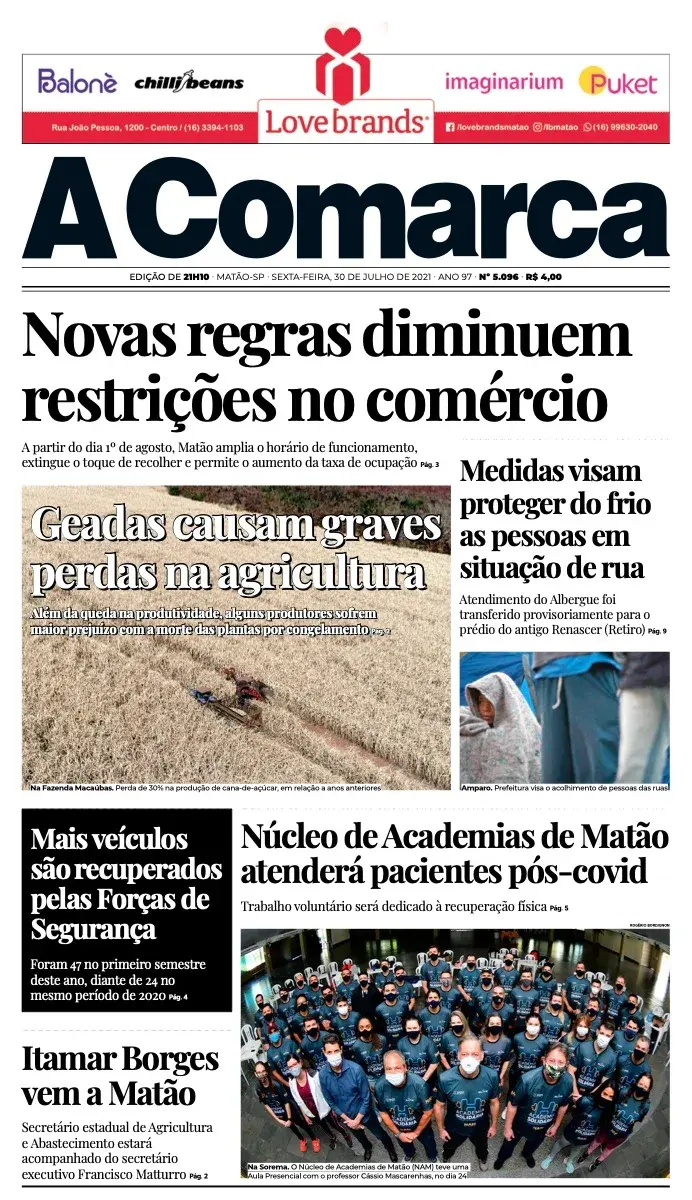 Primeira página da edição 5096 de A Comarca, 30 de julho de 2021