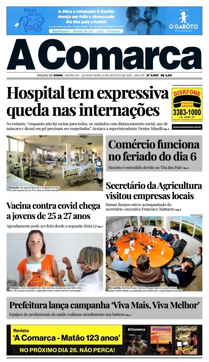 Primeira página da edição 5097 de A Comarca, 5 de agosto de 2021