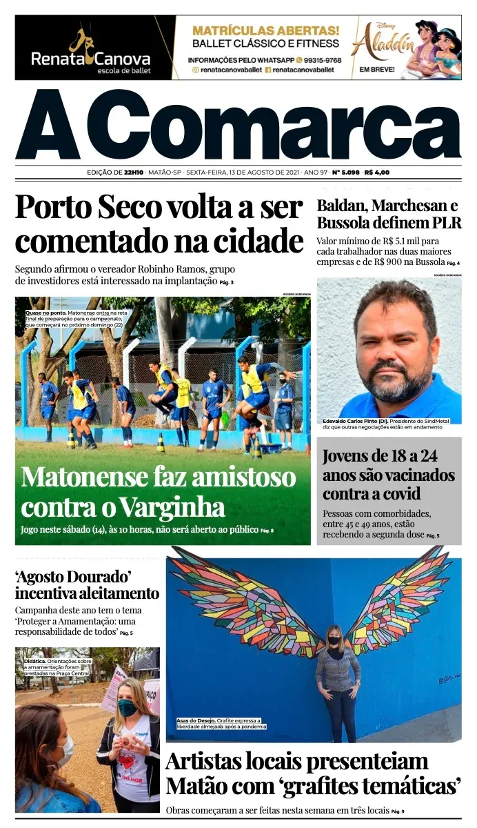Primeira página da edição 5098 de A Comarca, 13 de agosto de 2021