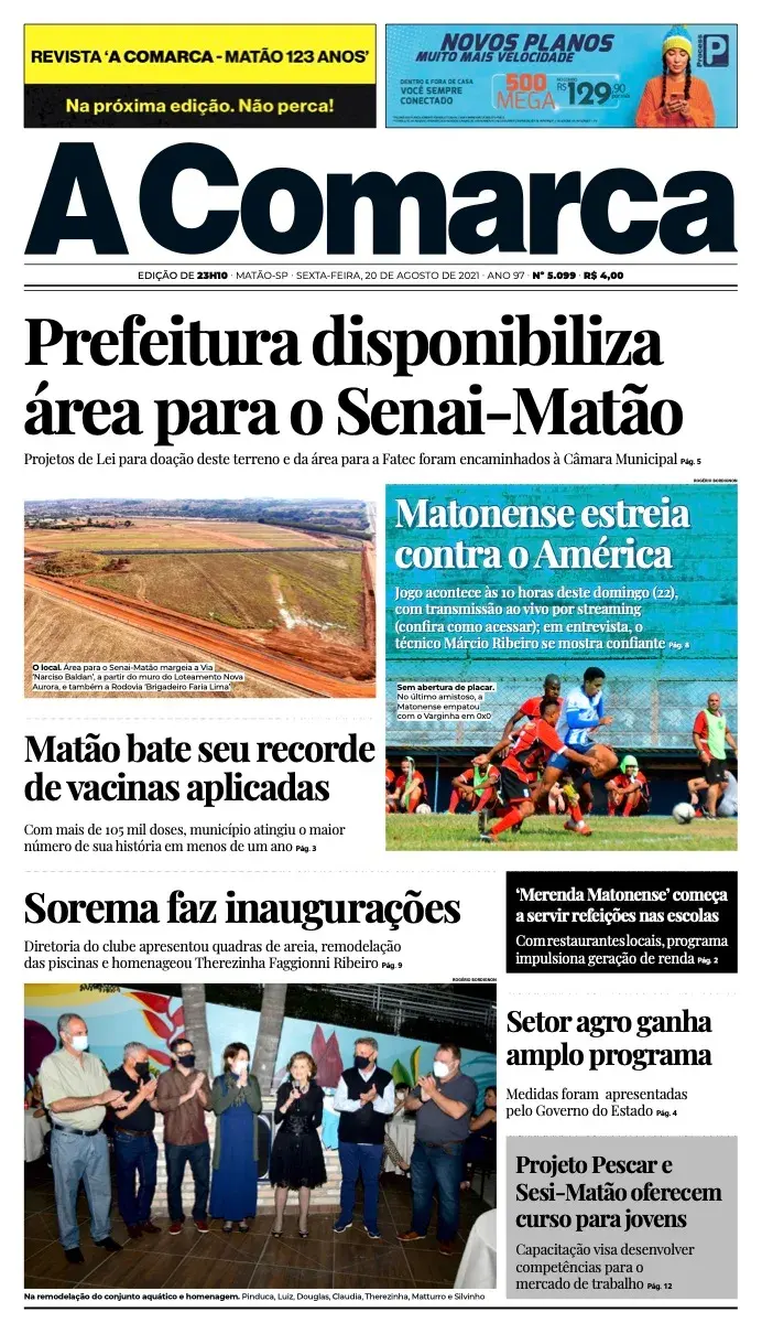 Primeira página da edição 5099 de A Comarca, 20 de agosto de 2021