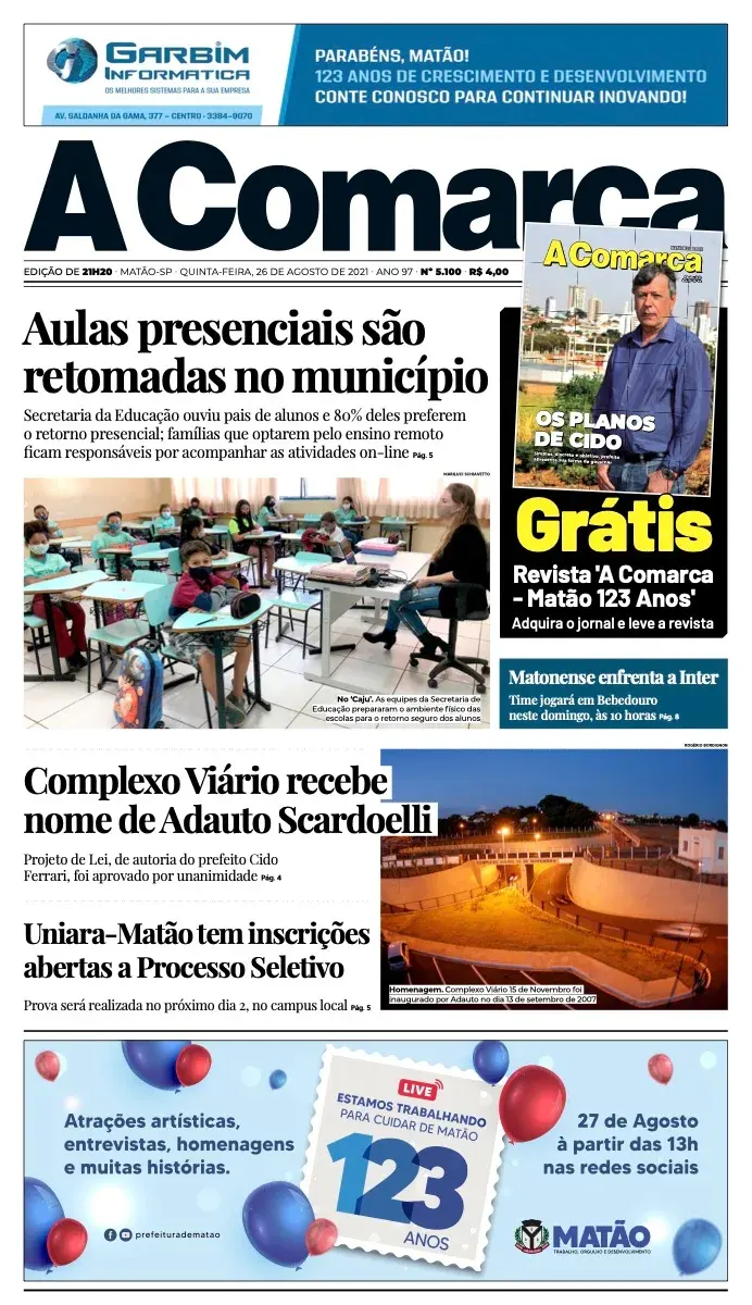 Primeira página da edição 5100 de A Comarca, 26 de agosto de 2021