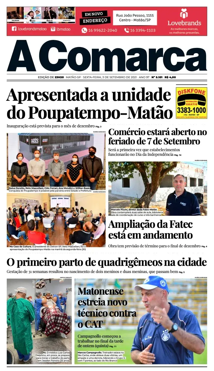 Primeira página da edição 5101 de A Comarca, 3 de setembro de 2021