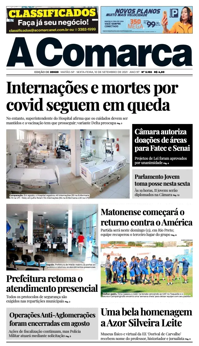 Primeira página da edição 5102 de A Comarca, 10 de setembro de 2021