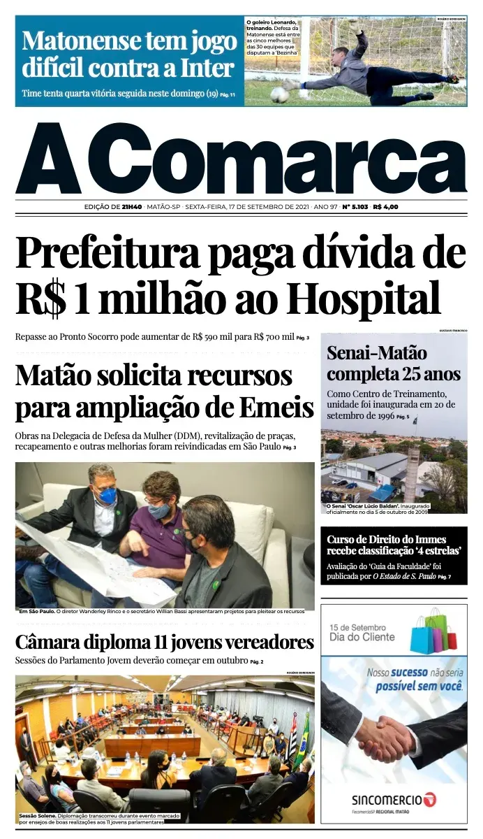Primeira página da edição 5103 de A Comarca, 17 de setembro de 2021