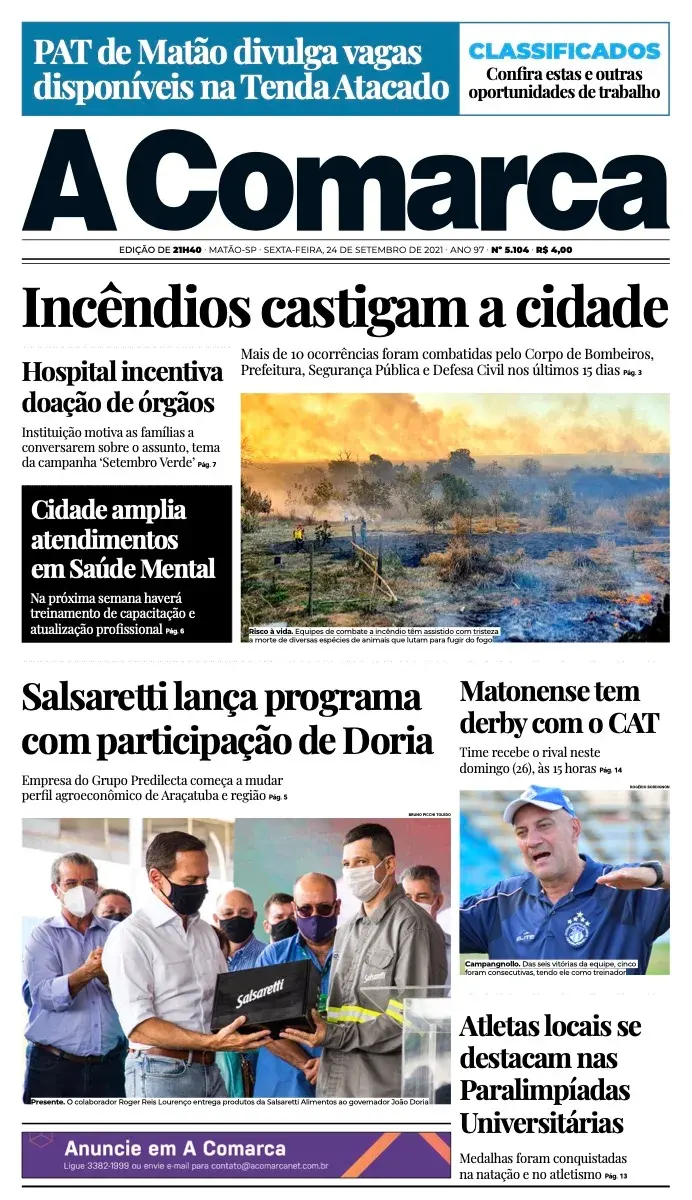 Primeira página da edição 5104 de A Comarca, 24 de setembro de 2021