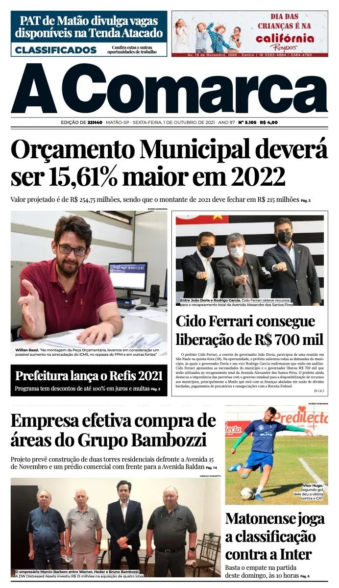 Primeira página da edição 5105 de A Comarca, 1 de outubro de 2021