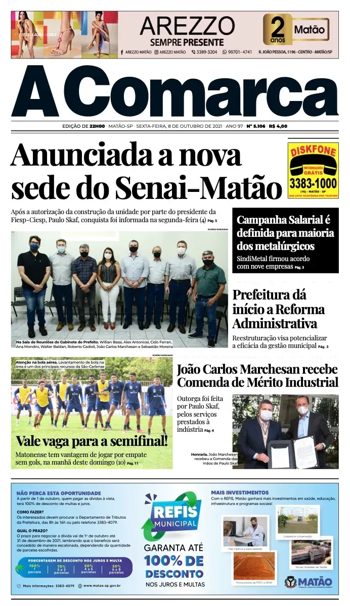 Primeira página da edição 5106 de A Comarca, 8 de outubro de 2021