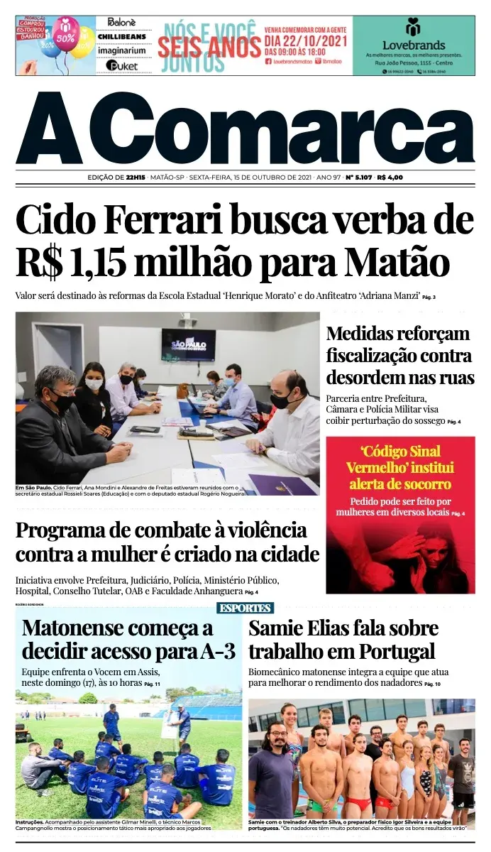 Primeira página da edição 5107 de A Comarca, 15 de outubro de 2021