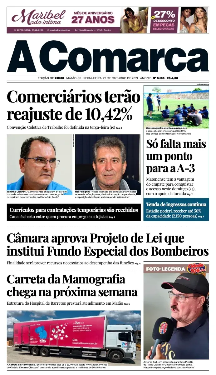 Primeira página da edição 5108 de A Comarca, 22 de outubro de 2021