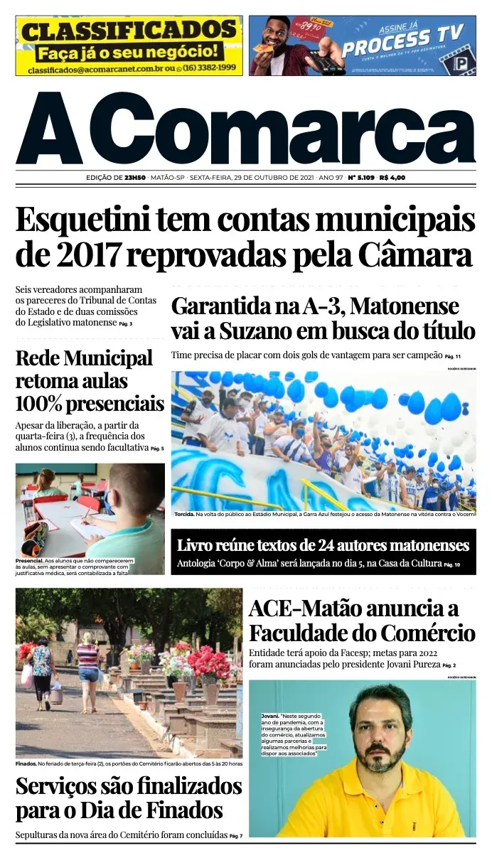 Primeira página da edição 5109 de A Comarca, 29 de outubro de 2021